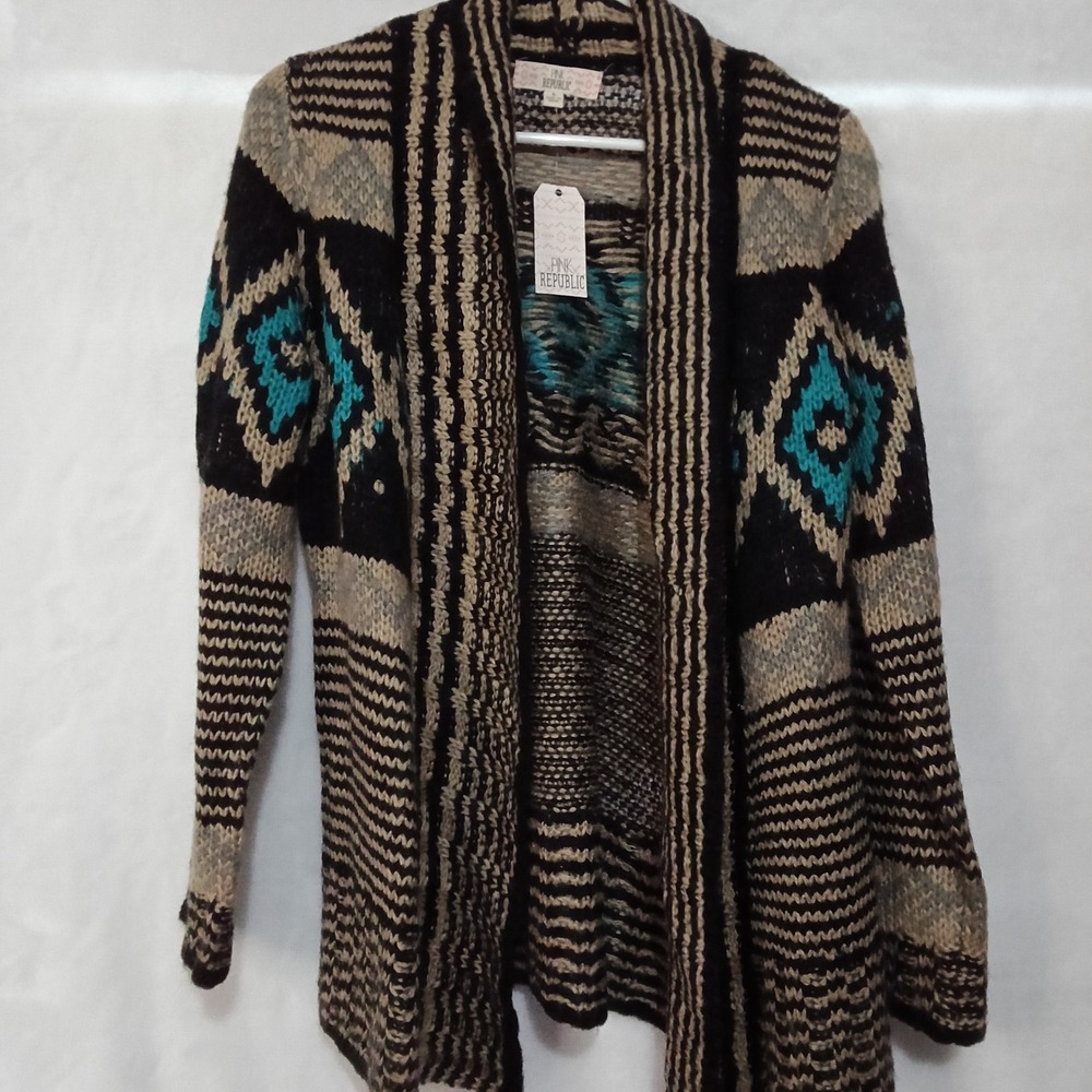 Pink Republic Southwestern Open Front Cardigan Sweater Black Turquoise Large NWT